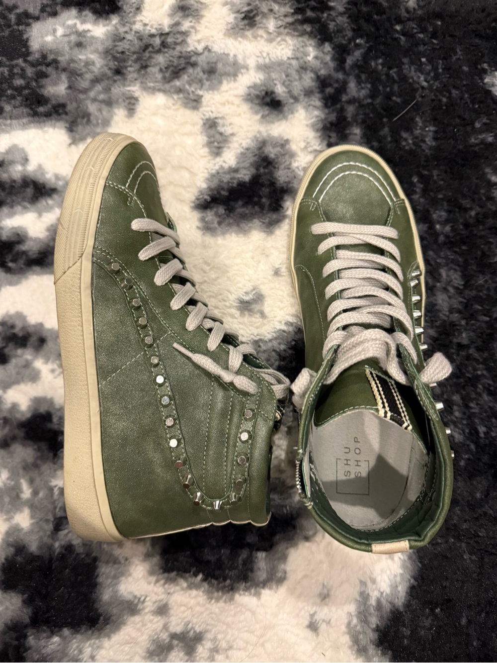 ShuShop Olive Green High-Top Sneakers with Stud Accents